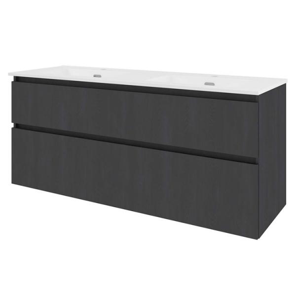 Sanibell Proline 140 m&oslash;bels&aelig;t m/asymmetriske skuffer og dobbeltvask - Sort eg