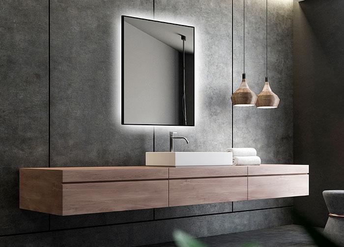 Frida firkantet spejl m/backlight og sort ramme - 60 cm