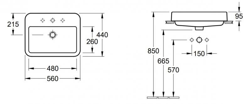 V&B Architectura 55 h&aring;ndvask t/nedf&aelig;ldning - 1/3 hanehuller