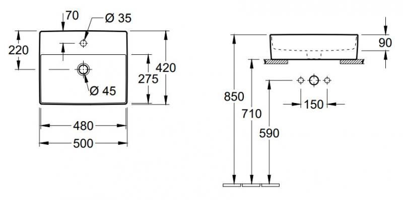 V&B Memento 2.0 50 fritst&aring;ende bowlevask - 1/3 hanehuller - Med overl&oslash;b