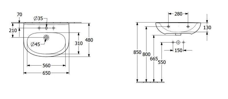 V&B O.novo 65 h&aring;ndvask t/v&aelig;g - 1/3 hanehuller