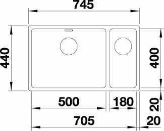 Blanco Andano 500/180-U k&oslash;kkenvask - Venstrevendt  - Rustfrit st&aring;l