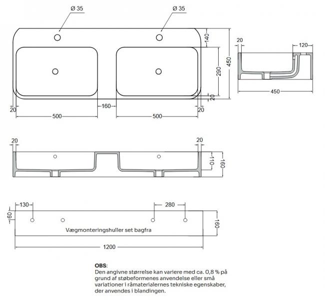 Lavabo Cosa 120 dobbelt h&aring;ndvask t/v&aelig;g eller bord - 2 hanehuller