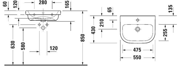 Duravit D-code 55 h&aring;ndvask t/v&aelig;g - 1 hanehul