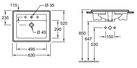 V&B Hommage 63 h&aring;ndvask t/nedf&aelig;ldning - Ceramic+