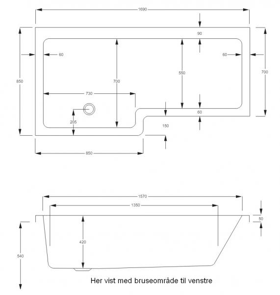 Str&oslash;mberg Quantum badekar t/brus - 170 x 70/85 - H&oslash;jre - 1 rygl&aelig;n
