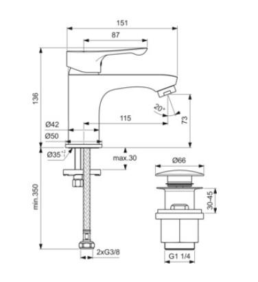 Ideal Standard Alpha h&aring;ndvaskarmatur m/push-up bundventil