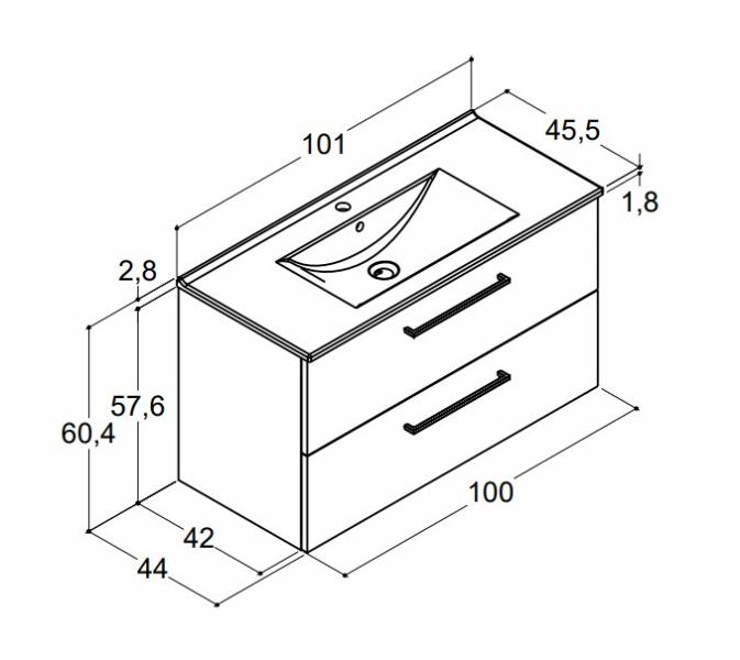 Dansani Mido+ 100 m&oslash;belpakke m/Amber vask og 2 skuffer - Varm eg
