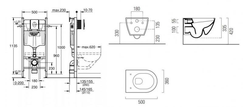 GSI Pura Ardesia 50 toiletpakke inkl. s&aelig;de m. softclose, cisterne og mat sort betjening