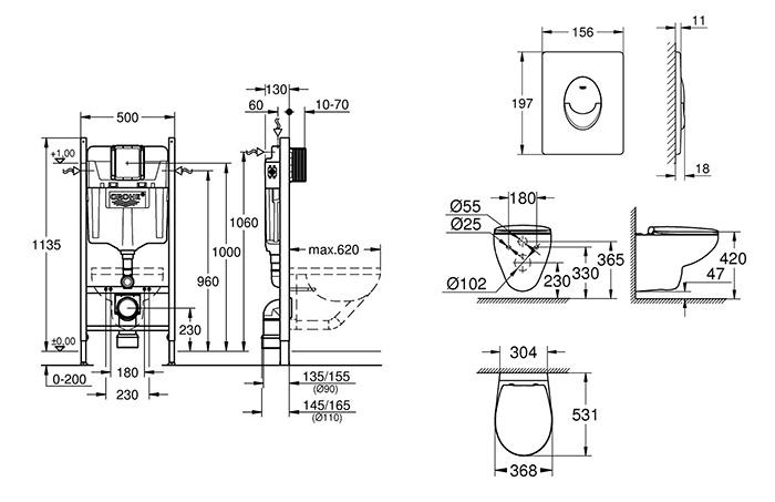 Grohe Bau toiletpakke inkl. s&aelig;de, cisterne og mat sort betjening