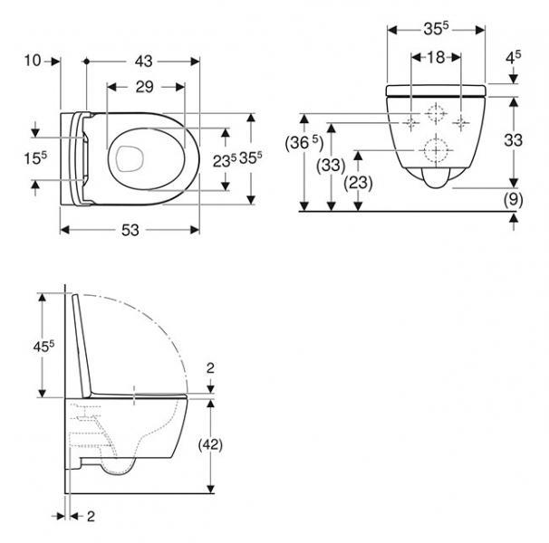Geberit iCon rimless mat hvid v&aelig;gh&aelig;ngt toilet inkl. s&aelig;de m/SoftClose, Grohe cisterne og betjening i hvid