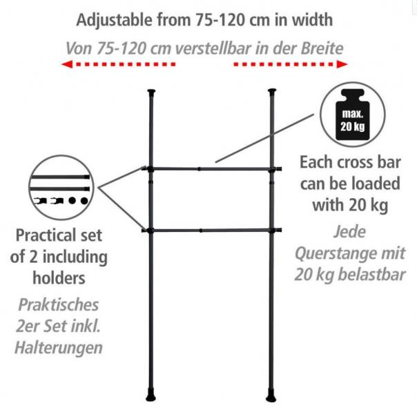 Wenko Hercules b&oslash;jlestang til garderobe - Sort - 2 stk