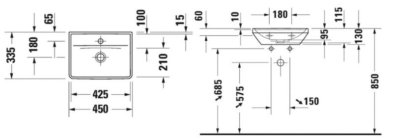 Duravit D-Neo 45 h&aring;ndvask t/v&aelig;g  - Uden overl&oslash;b