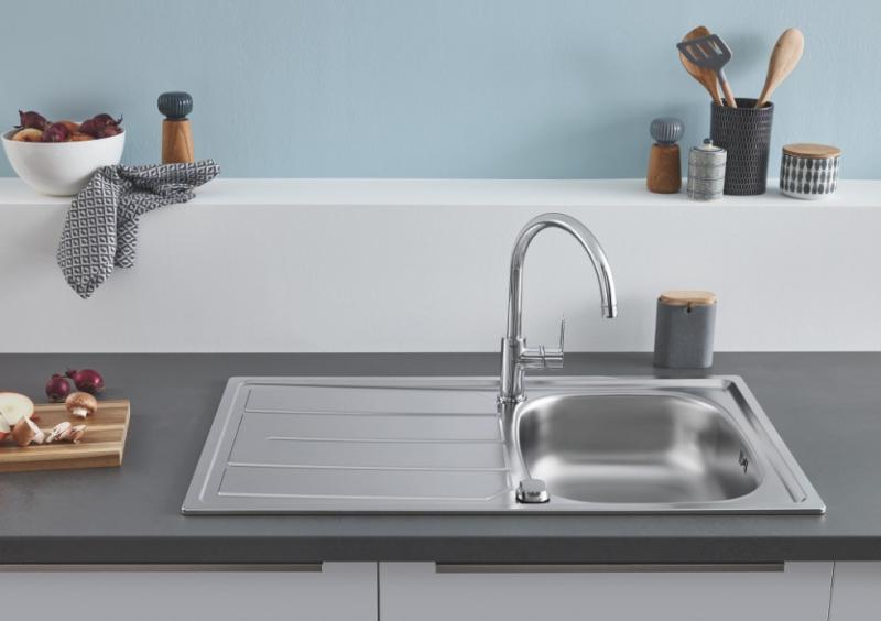 Grohe K200 k&oslash;kkenvask i rustfrit st&aring;l inkl. Bau Edge k&oslash;kkenarmatur i krom