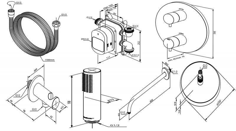 Damixa Silhouet komplet brusesystem til indbygning - B&oslash;rstet messing