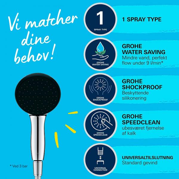 Grohe Vitalio Start 110 h&aring;ndbruser 1 spray inkl. bruseslange og WaterSaving