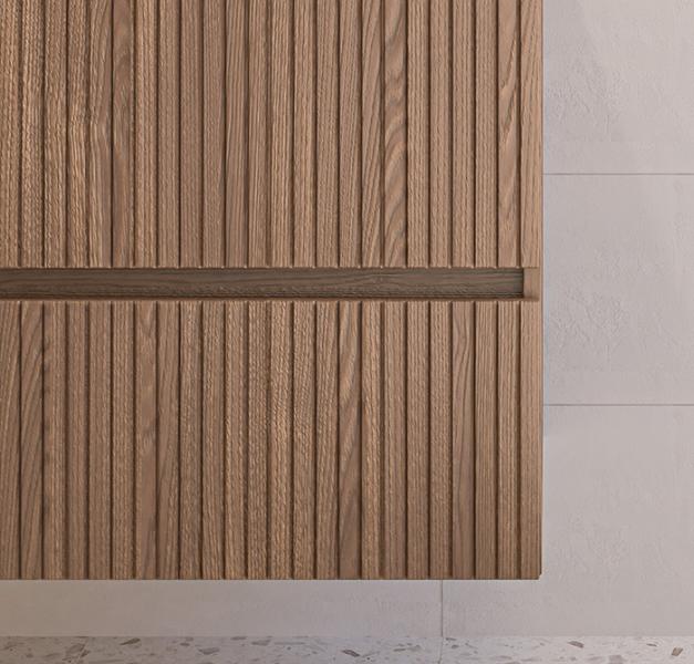 Sanibell Proline 120 m&oslash;bels&aelig;t m/lameller, 4 skuffer og dobbeltvask - Terra eg