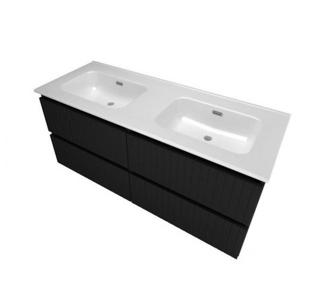Sanibell Proline 120 m&oslash;bels&aelig;t m/lameller, 4 skuffer og dobbeltvask - Uden hanehul - Mat sort