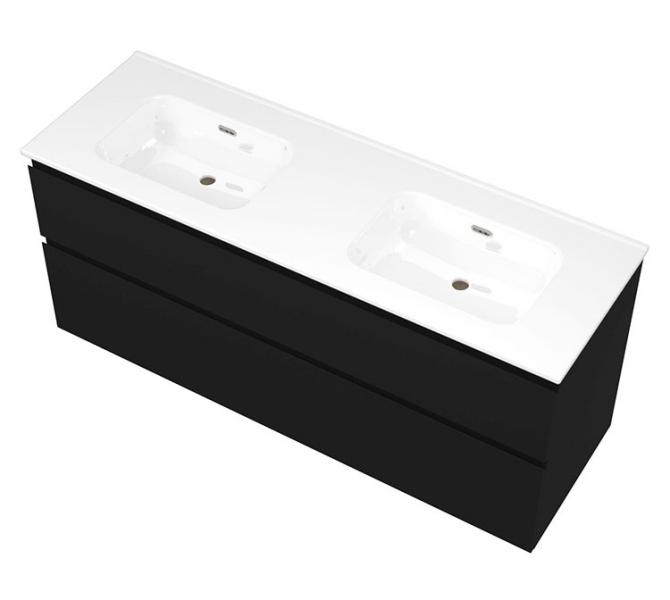 Sanibell Proline 140 m&oslash;bels&aelig;t m/2 asymmetriske skuffer og dobbeltvask - Uden hanehul - Mat sort