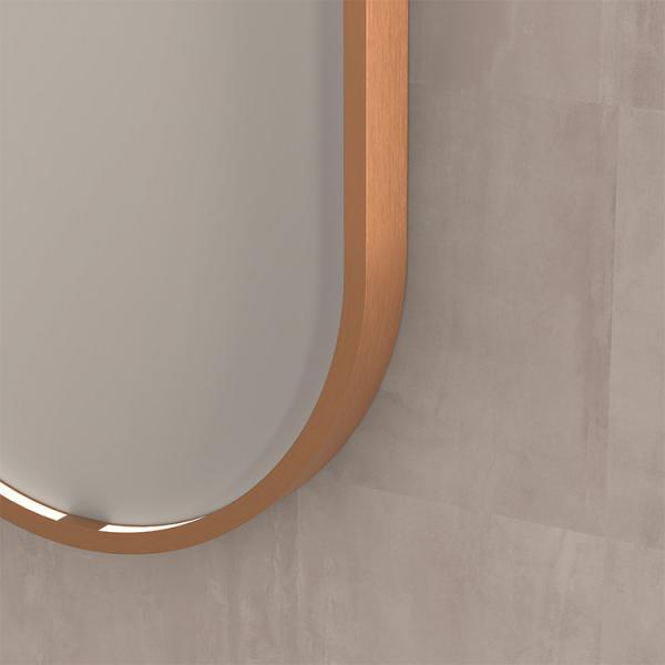 Sanibell Ink SP28 ovalt spejl m/lys, varme og sensor 50 x 100 cm - B&oslash;rstet kobber