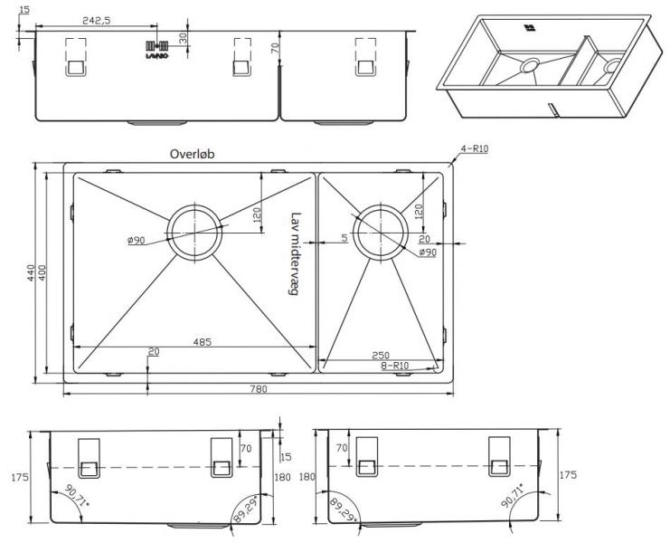 Lavabo Kubus 780 Soft Slim k&oslash;kkenvask med skyllesk&aring;l - Rustfrit st&aring;l