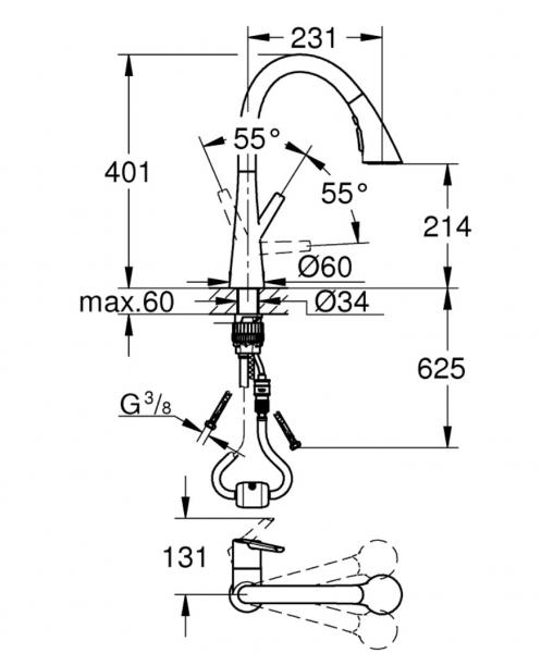 Grohe Zedra k&oslash;kkenarmatur m/C-tud og udtr&aelig;k - Krom